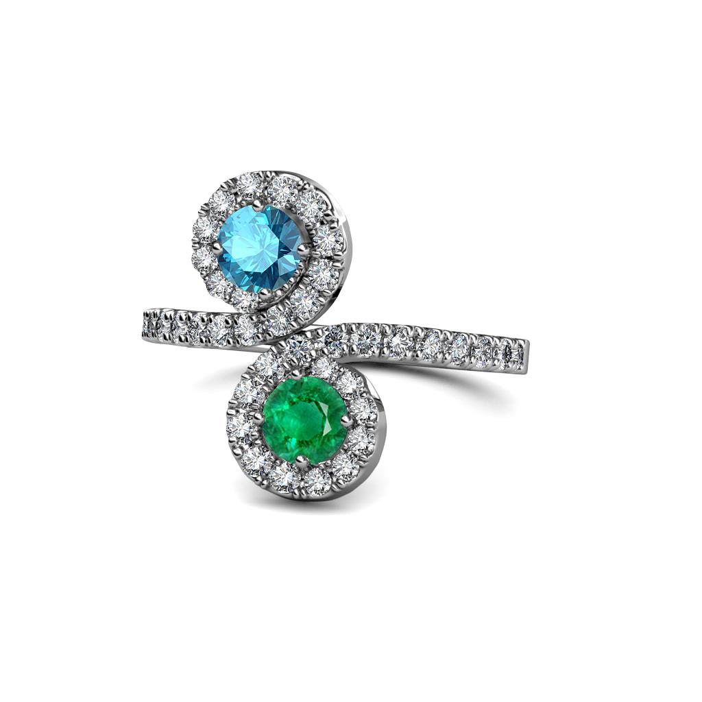 Kevia London Blue Topaz and Emerald with Side Diamonds Bypass Ring 