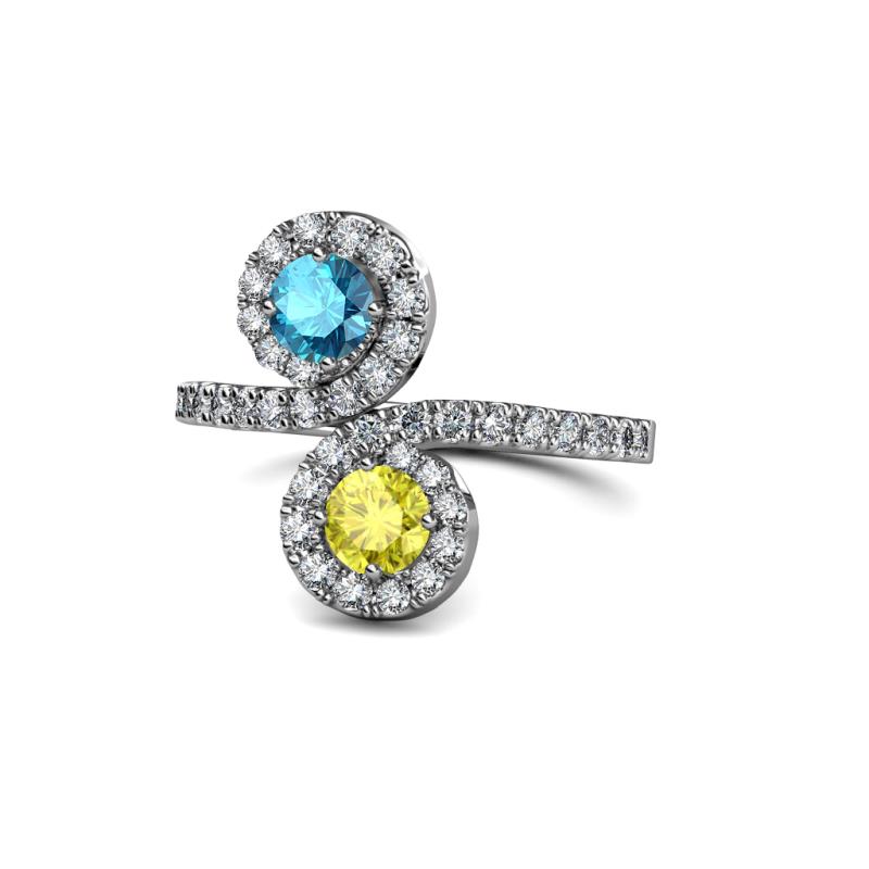 Kevia London Blue Topaz and Yellow Diamond with Side Diamonds Bypass Ring 