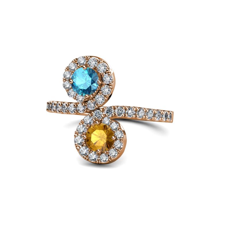 Kevia London Blue Topaz and Citrine with Side Diamonds Bypass Ring 