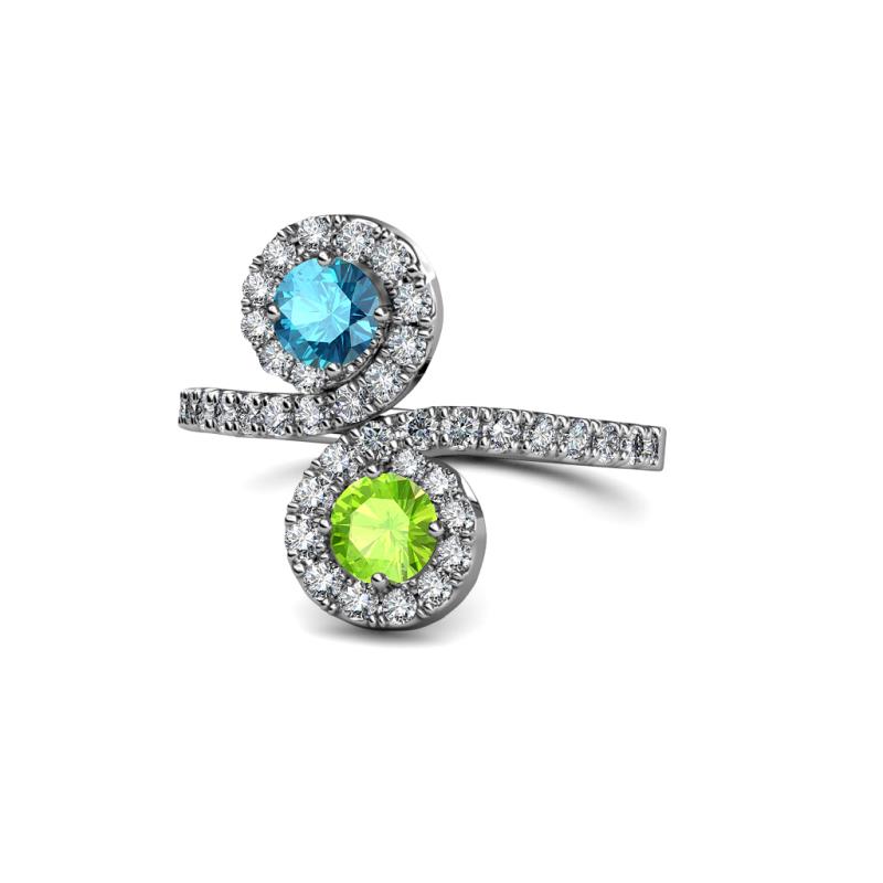 Kevia London Blue Topaz and Peridot with Side Diamonds Bypass Ring 