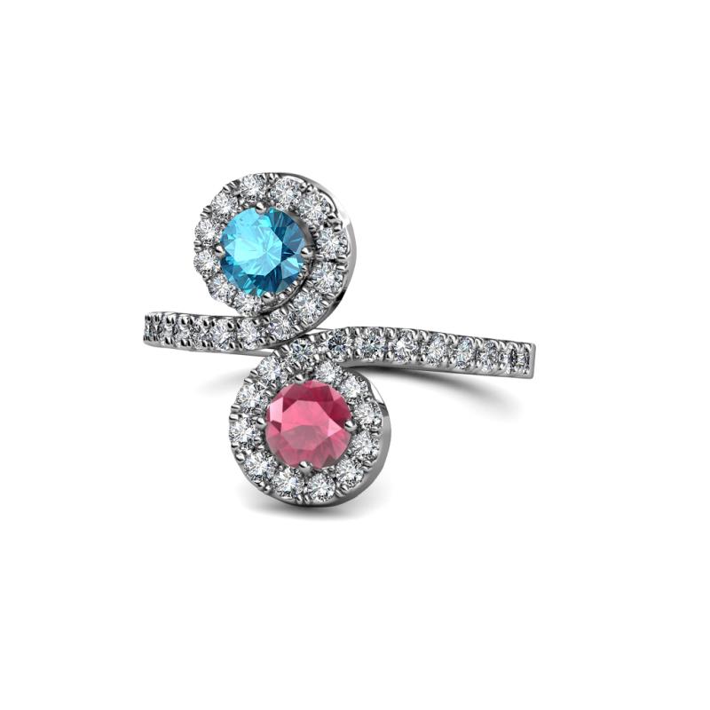 Kevia London Blue Topaz and Rhodolite Garnet with Side Diamonds Bypass Ring 