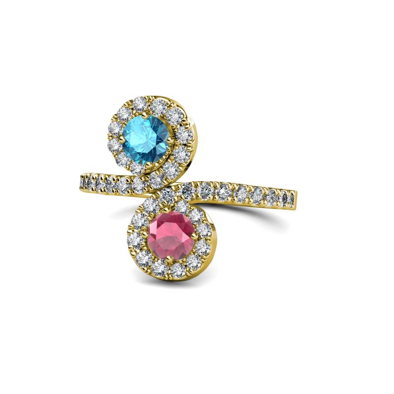 Kevia London Blue Topaz and Rhodolite Garnet with Side Diamonds Bypass Ring 