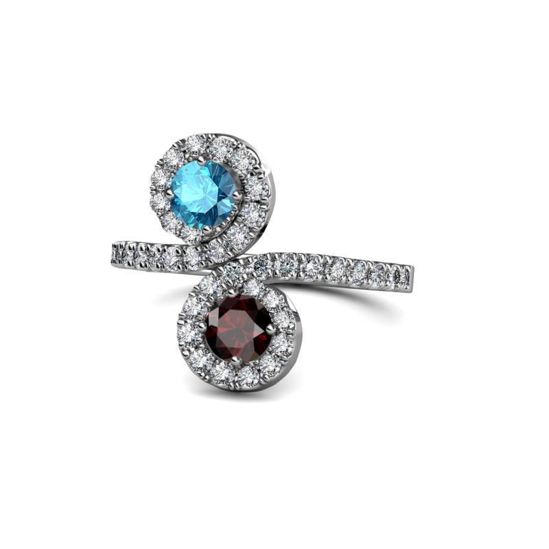 Kevia London Blue Topaz and Red Garnet with Side Diamonds Bypass Ring 