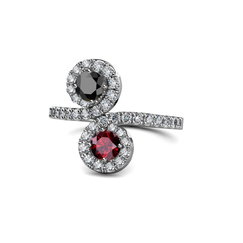Kevia Black Diamond and Ruby with Side Diamonds Bypass Ring 