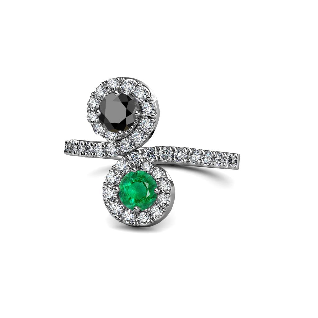 Kevia Black Diamond and Emerald with Side Diamonds Bypass Ring 