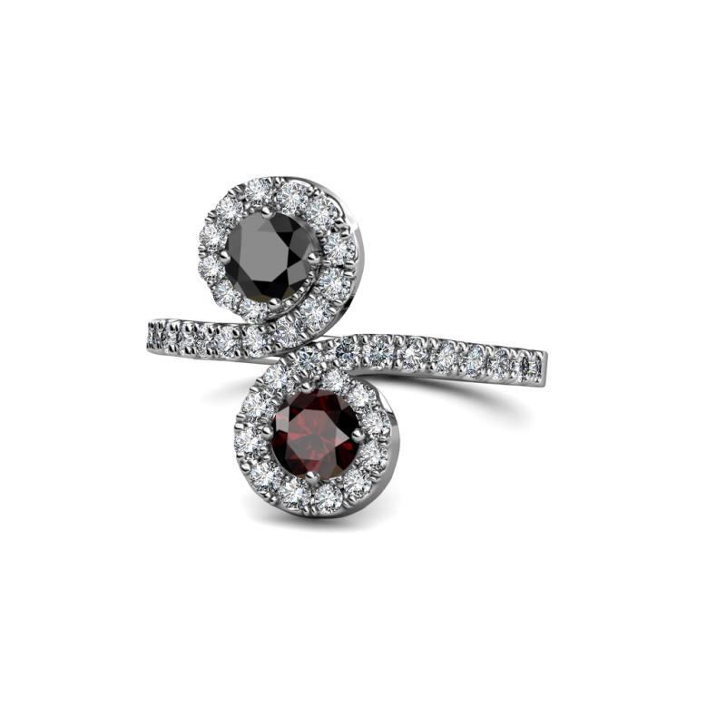 Kevia Black Diamond and Red Garnet with Side Diamonds Bypass Ring 