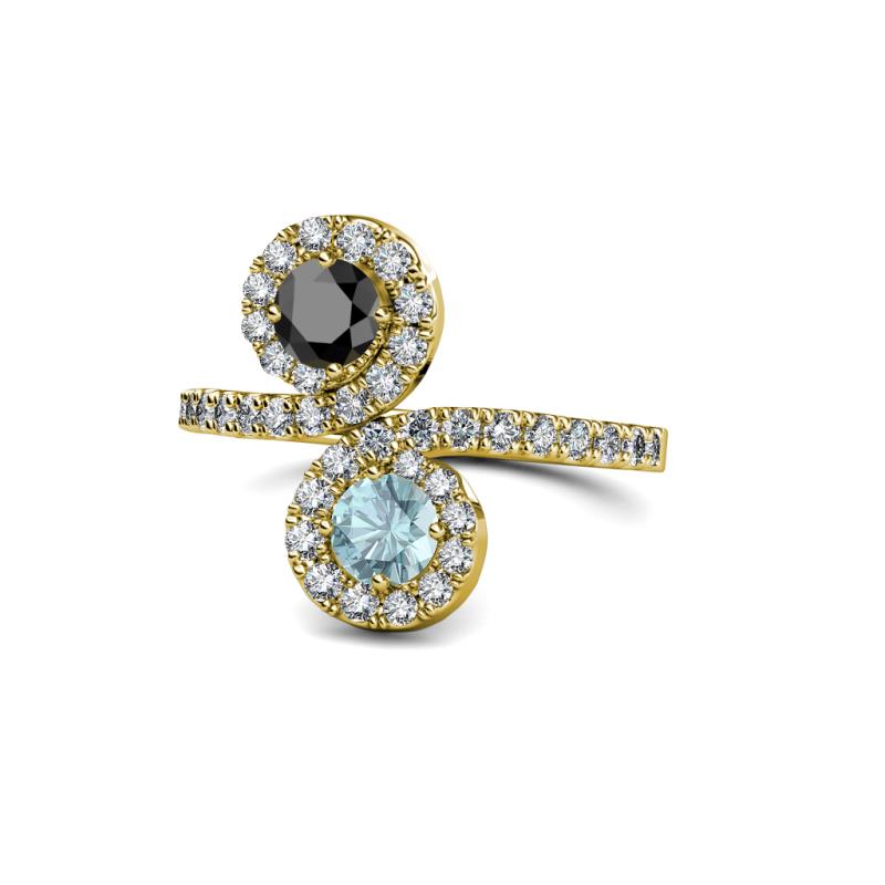 Kevia Black Diamond and Aquamarine with Side Diamonds Bypass Ring 
