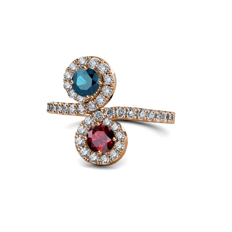 Kevia Blue Diamond and Ruby with Side Diamonds Bypass Ring 