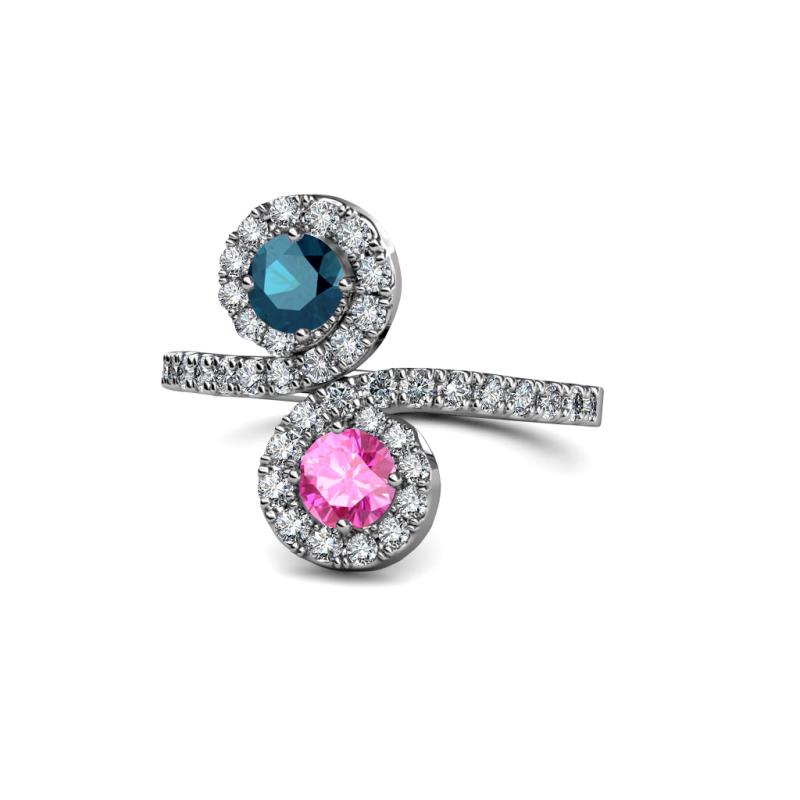 Kevia Blue Diamond and Pink Sapphire with Side Diamonds Bypass Ring 