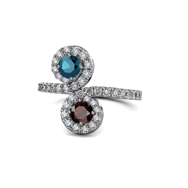 Kevia Blue Diamond and Red Garnet with Side Diamonds Bypass Ring 