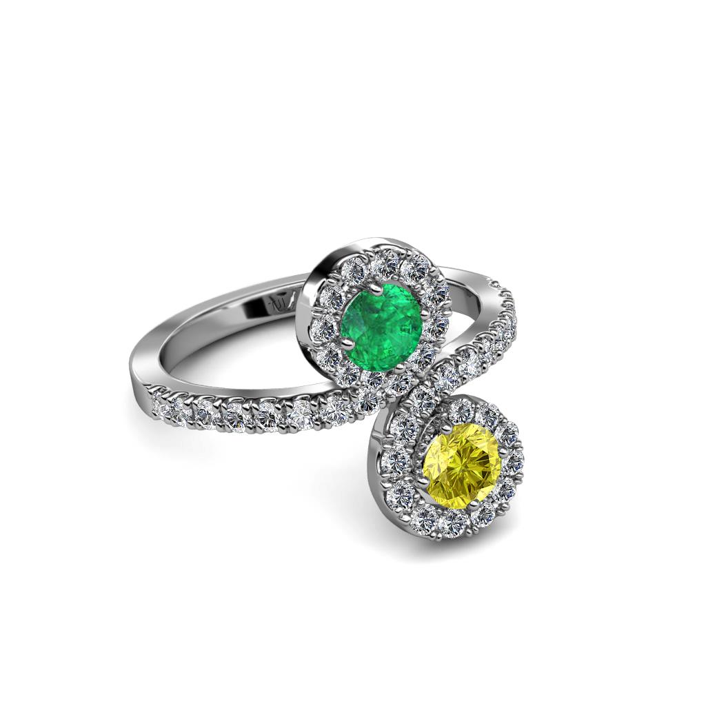 Kevia Yellow Diamond and Emerald with Side Diamonds Bypass Ring 
