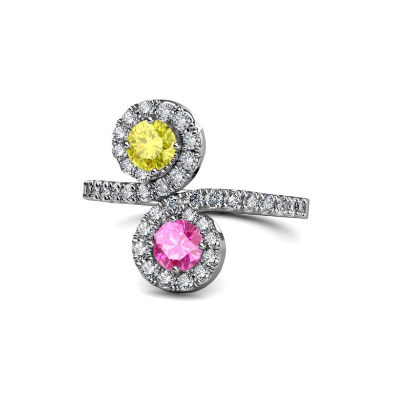 Kevia Yellow Diamond and Pink Sapphire with Side Diamonds Bypass Ring 