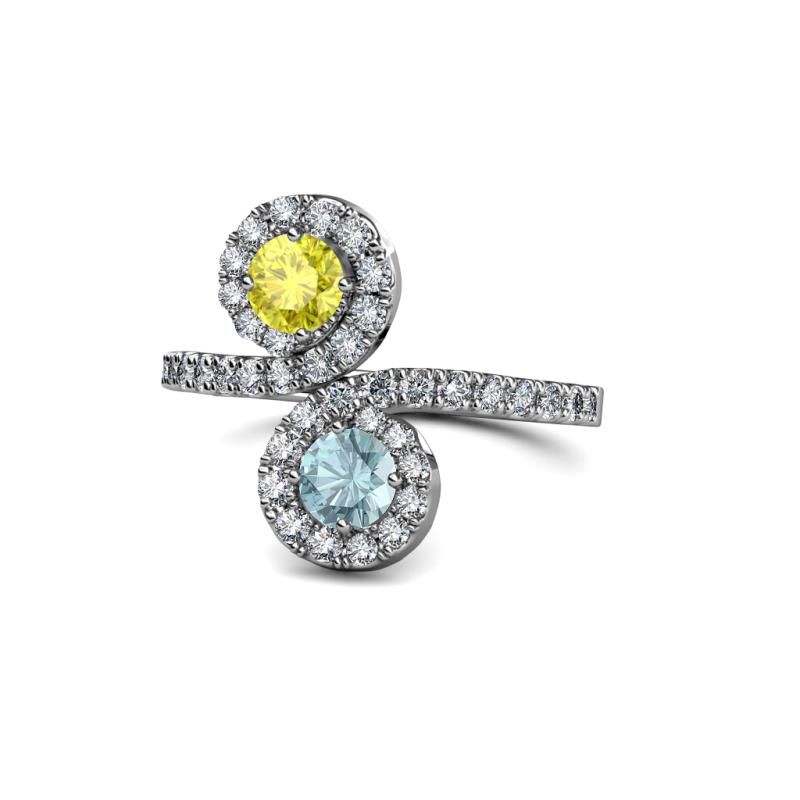 Kevia Yellow Diamond and Aquamarine with Side Diamonds Bypass Ring 