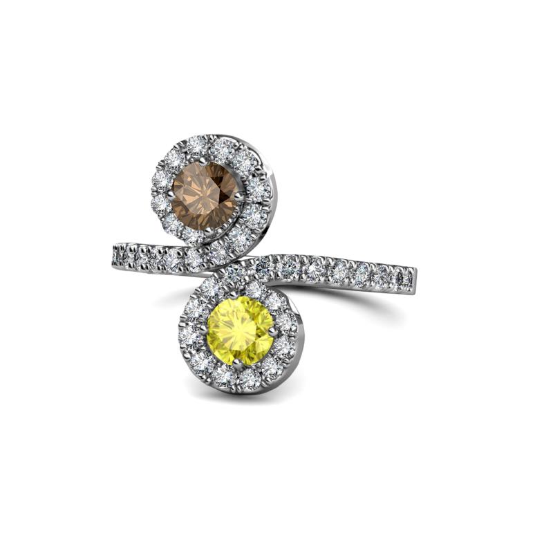 Kevia Smoky Quartz and Yellow Diamond with Side Diamonds Bypass Ring 