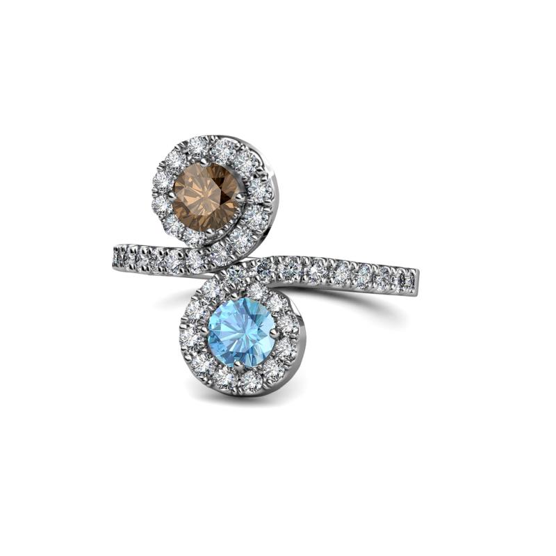 Kevia Smoky Quartz and Blue Topaz with Side Diamonds Bypass Ring 