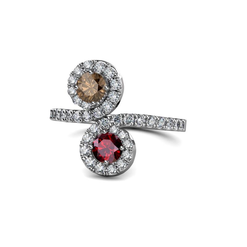 Kevia Smoky Quartz and Ruby with Side Diamonds Bypass Ring 