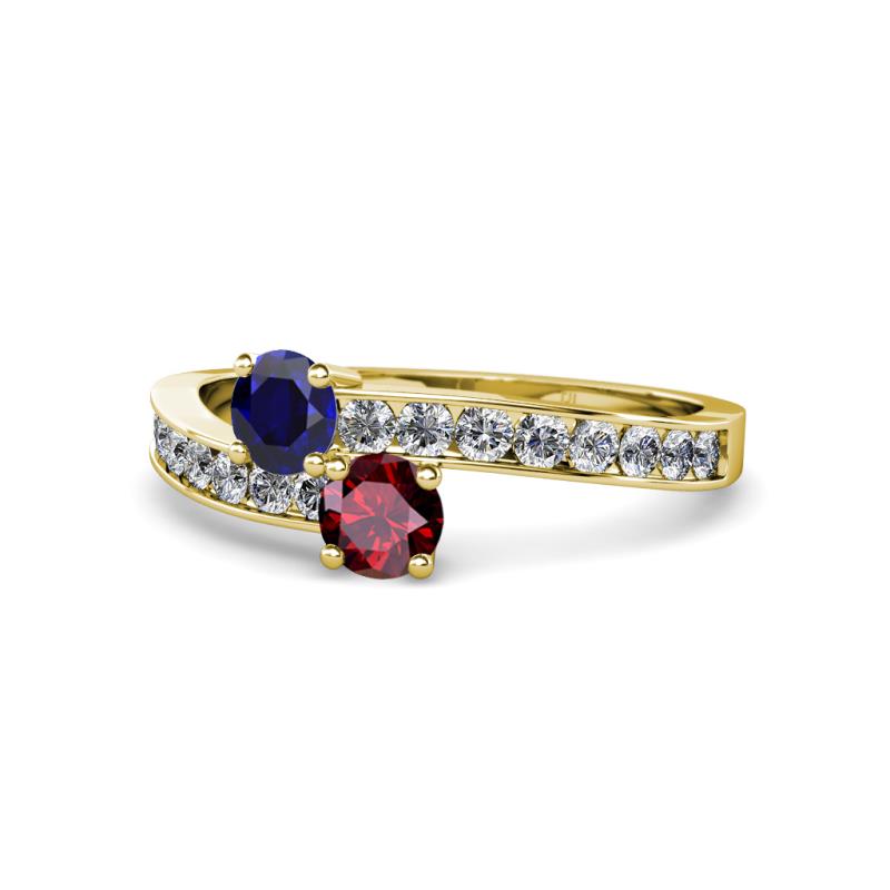 Olena Blue Sapphire and Ruby with Side Diamonds Bypass Ring 