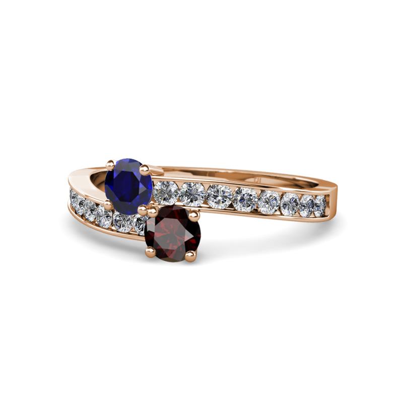 Olena Blue Sapphire and Red Garnet with Side Diamonds Bypass Ring 