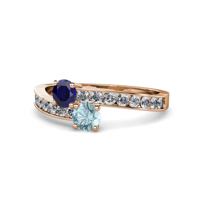 Olena Blue Sapphire and Aquamarine with Side Diamonds Bypass Ring 