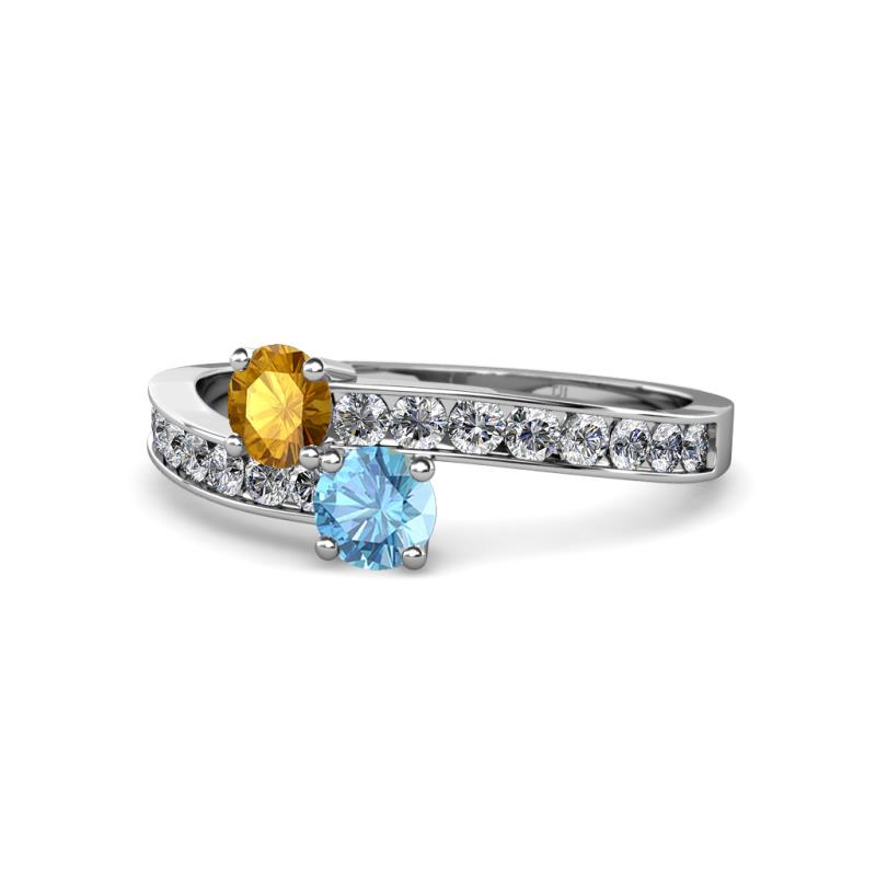 Olena Citrine and Blue Topaz with Side Diamonds Bypass Ring 