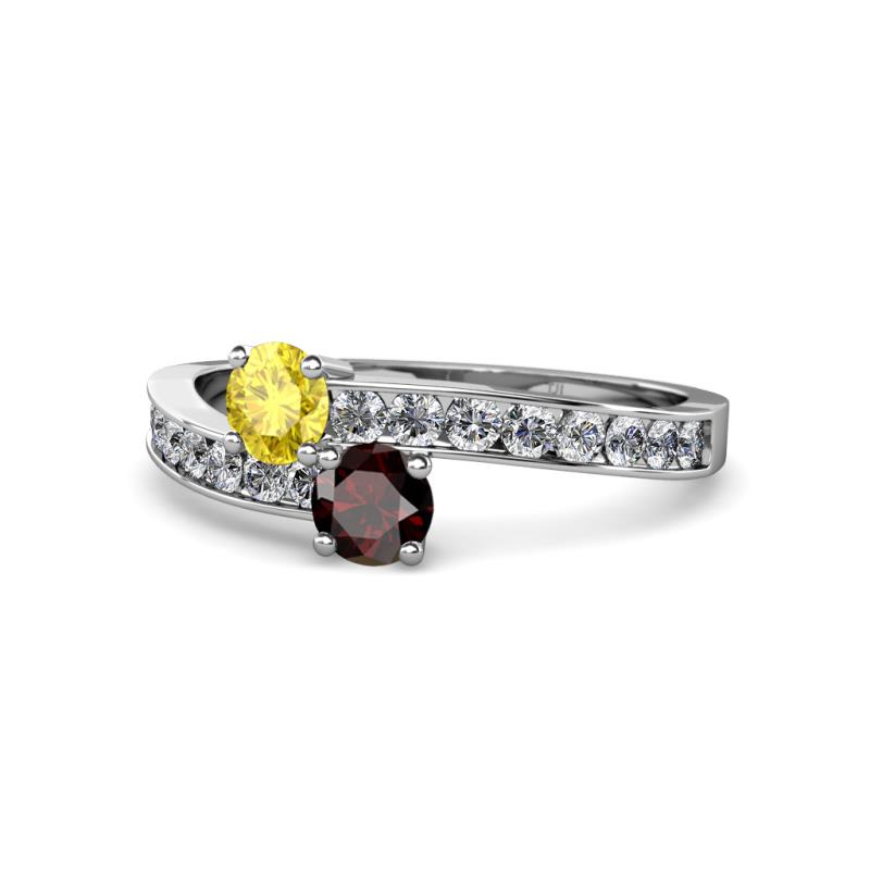 Olena Yellow Sapphire and Red Garnet with Side Diamonds Bypass Ring 