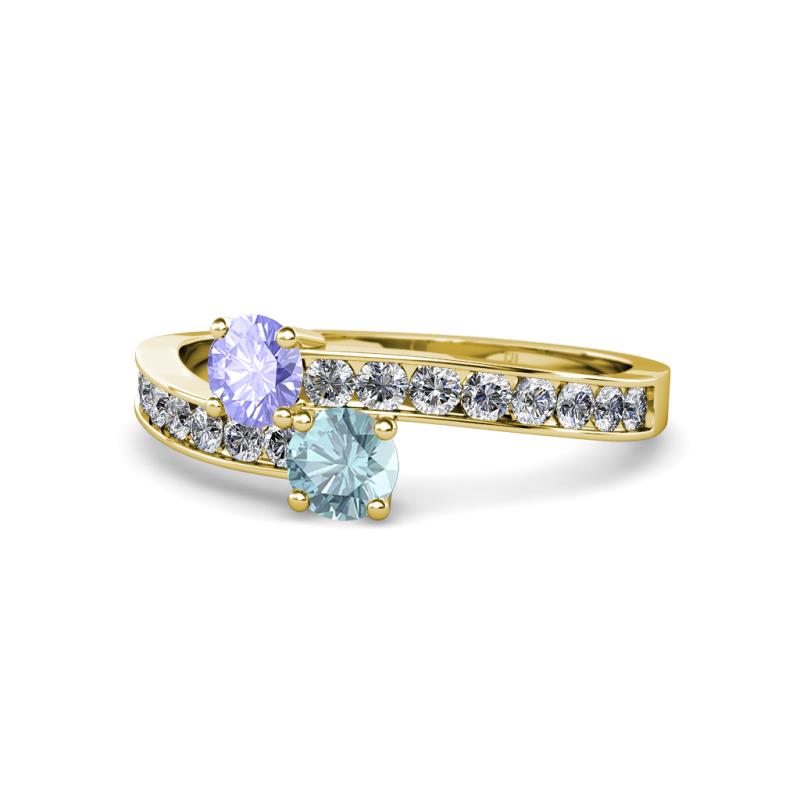 Olena Tanzanite and Aquamarine with Side Diamonds Bypass Ring 