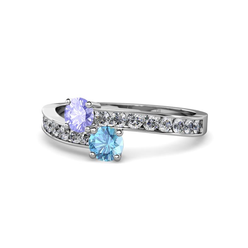 Olena Tanzanite and Blue Topaz with Side Diamonds Bypass Ring 