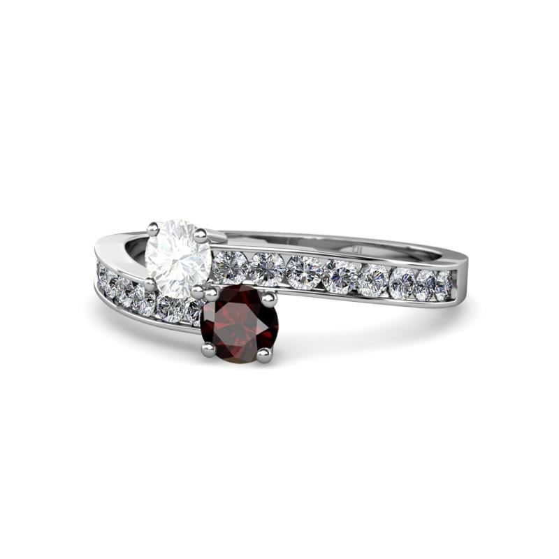 Olena White Sapphire and Red Garnet with Side Diamonds Bypass Ring 