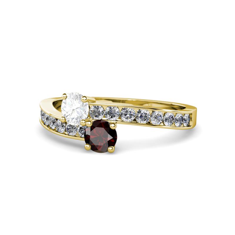 Olena White Sapphire and Red Garnet with Side Diamonds Bypass Ring 