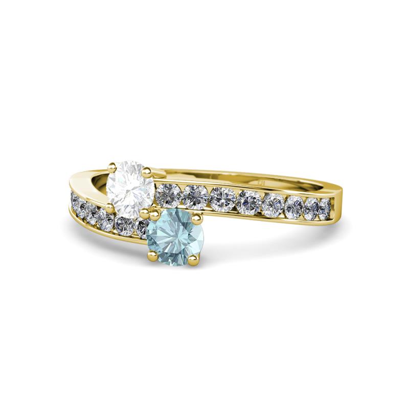 Olena White Sapphire and Aquamarine with Side Diamonds Bypass Ring 