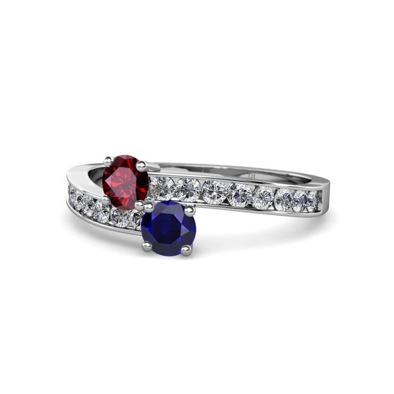 Olena Ruby and Blue Sapphire with Side Diamonds Bypass Ring 