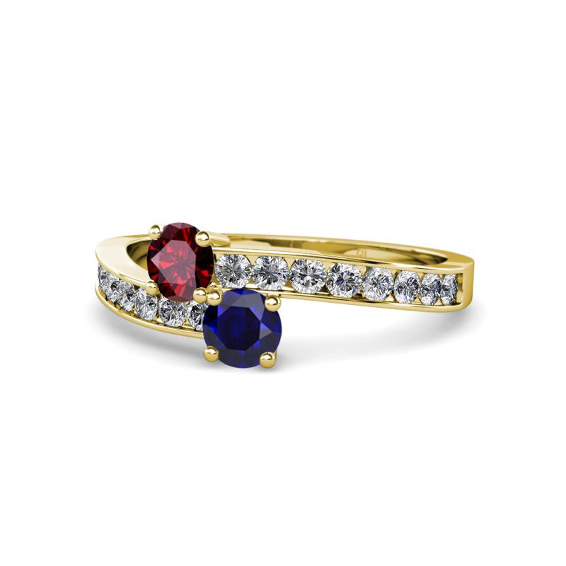 Olena Ruby and Blue Sapphire with Side Diamonds Bypass Ring 
