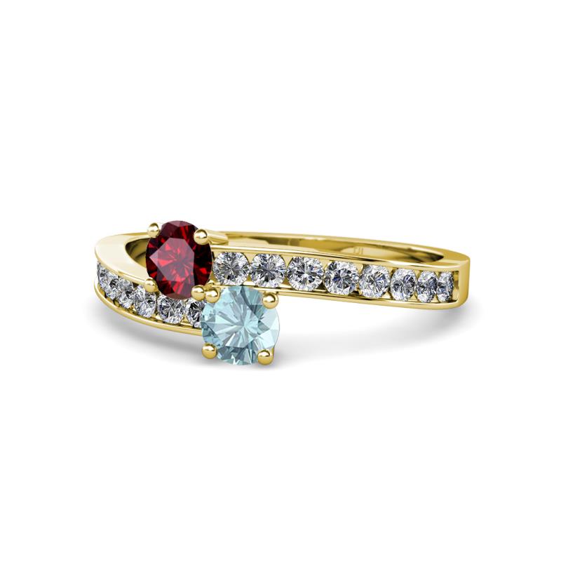 Olena Ruby and Aquamarine with Side Diamonds Bypass Ring 