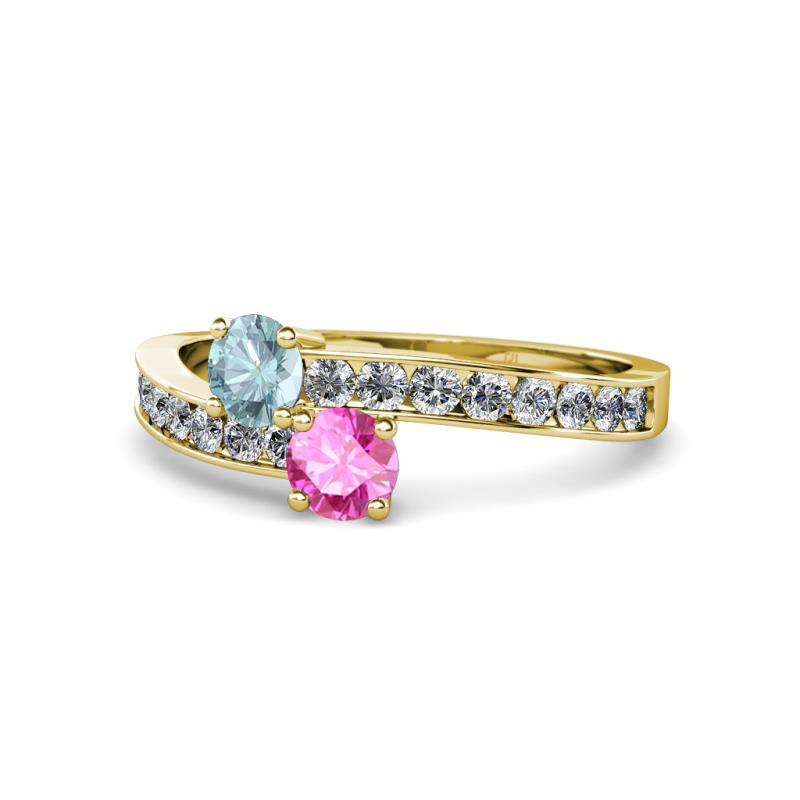 Olena Aquamarine and Pink Sapphire with Side Diamonds Bypass Ring 