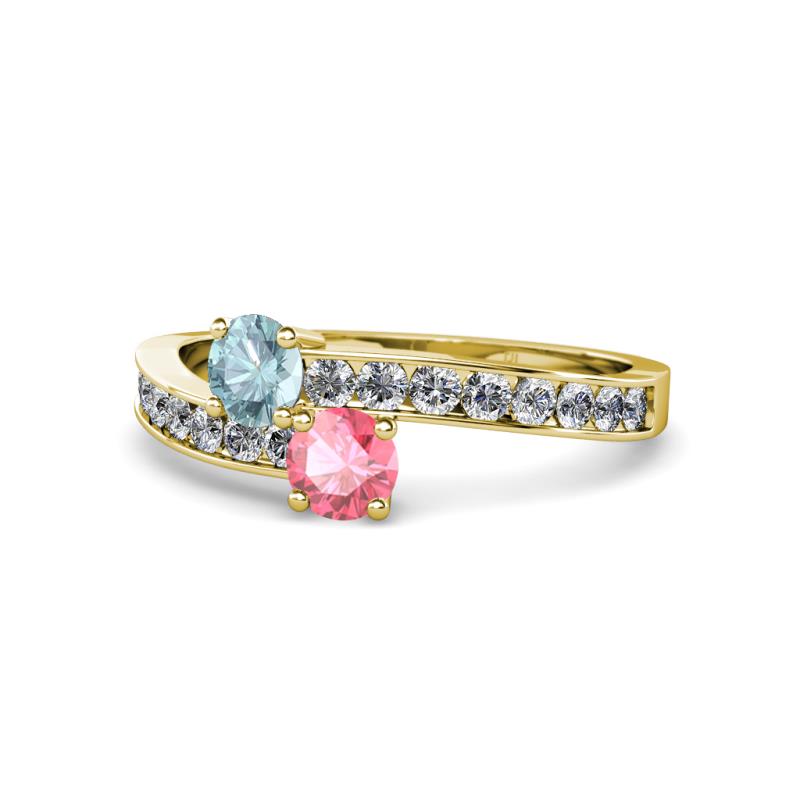 Olena Aquamarine and Pink Tourmaline with Side Diamonds Bypass Ring 