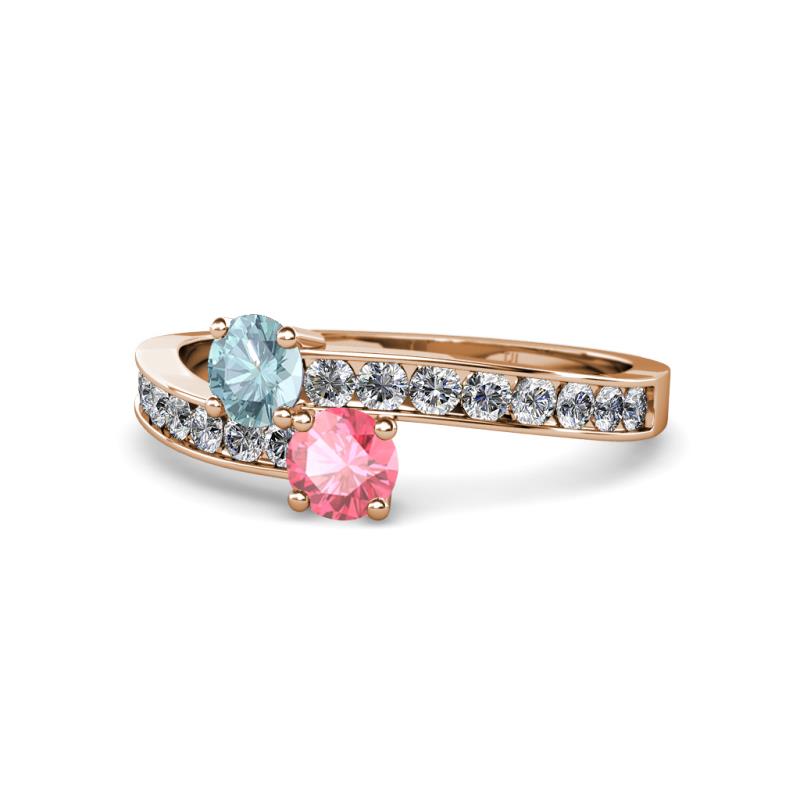 Olena Aquamarine and Pink Tourmaline with Side Diamonds Bypass Ring 