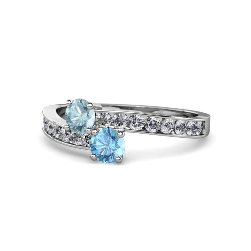 Olena Aquamarine and Blue Topaz with Side Diamonds Bypass Ring 
