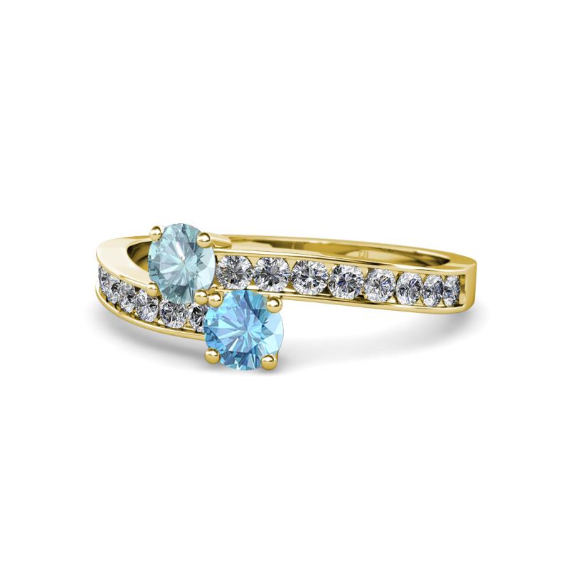 Olena Aquamarine and Blue Topaz with Side Diamonds Bypass Ring 