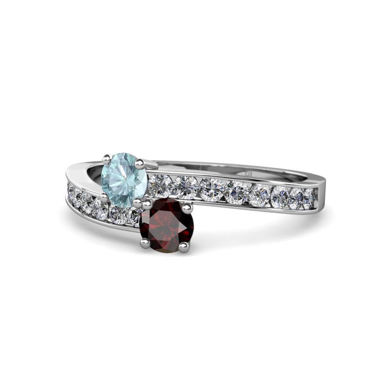 Olena Aquamarine and Red Garnet with Side Diamonds Bypass Ring 
