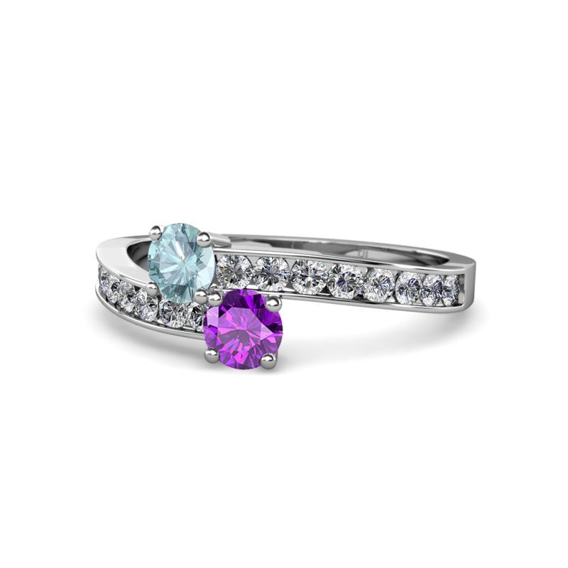 Olena Aquamarine and Amethyst with Side Diamonds Bypass Ring 