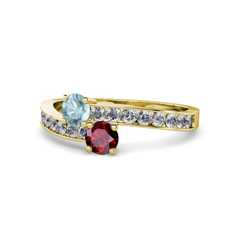 Olena Aquamarine and Ruby with Side Diamonds Bypass Ring 