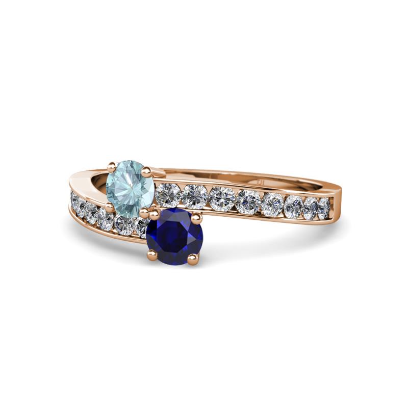 Olena Aquamarine and Blue Sapphire with Side Diamonds Bypass Ring 
