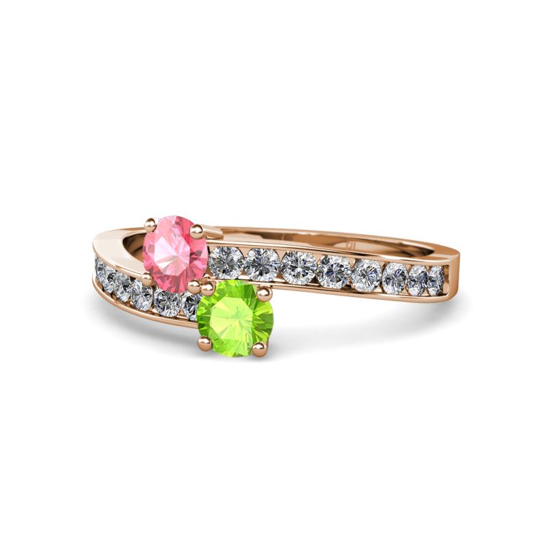 Olena Pink Tourmaline and Peridot with Side Diamonds Bypass Ring 