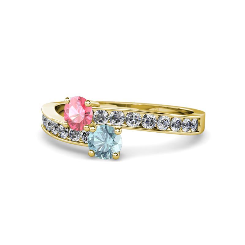 Olena Pink Tourmaline and Aquamarine with Side Diamonds Bypass Ring 