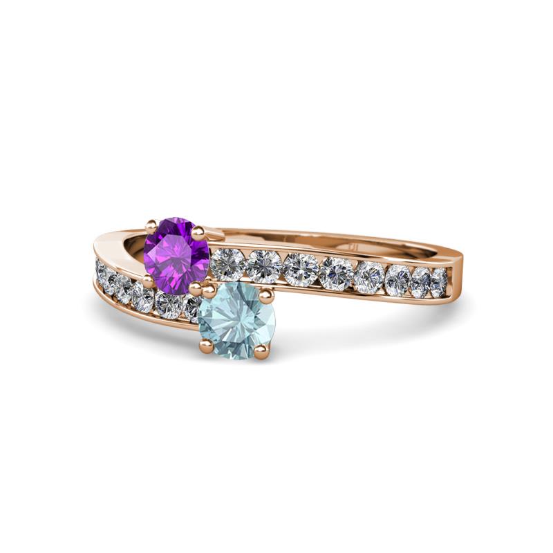 Olena Amethyst and Aquamarine with Side Diamonds Bypass Ring 