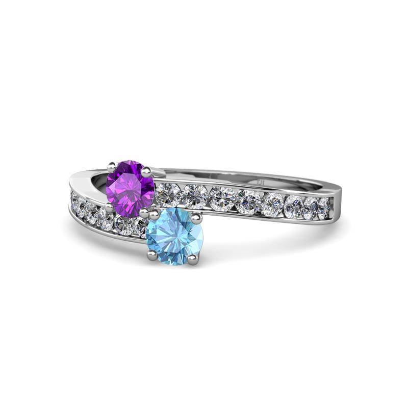 Olena Amethyst and Blue Topaz with Side Diamonds Bypass Ring 