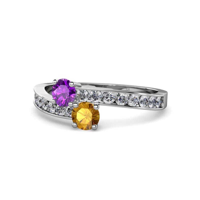 Olena Amethyst and Citrine with Side Diamonds Bypass Ring 