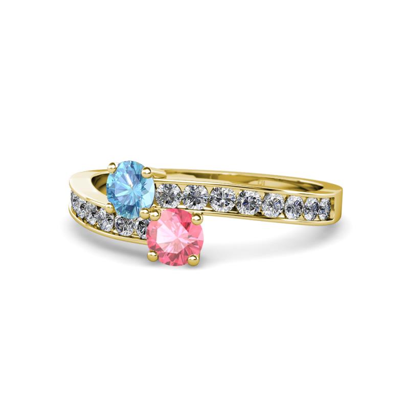 Olena Blue Topaz and Pink Tourmaline with Side Diamonds Bypass Ring 