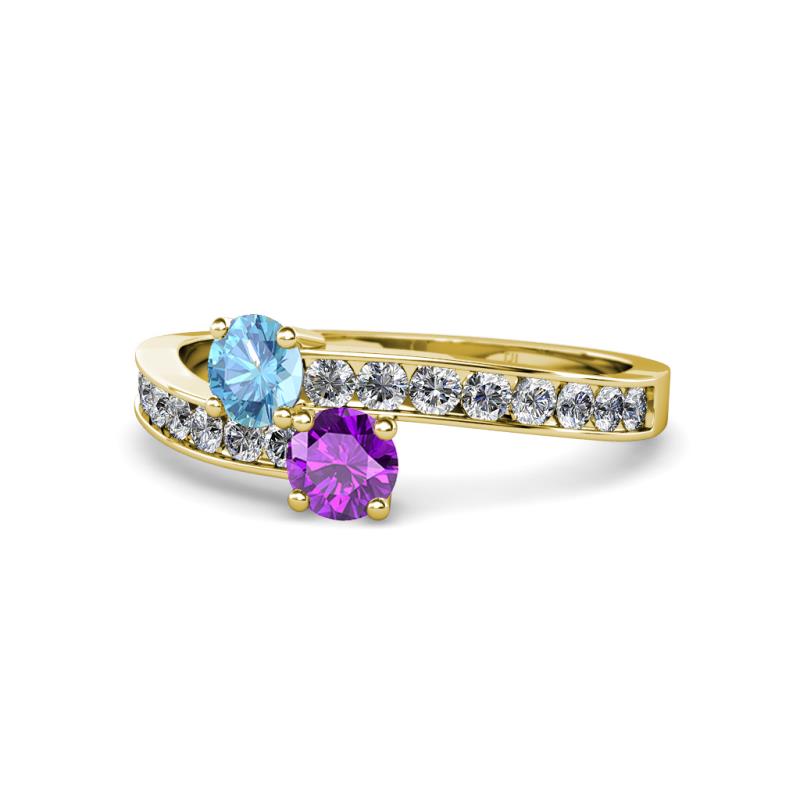 Olena Blue Topaz and Amethyst with Side Diamonds Bypass Ring 