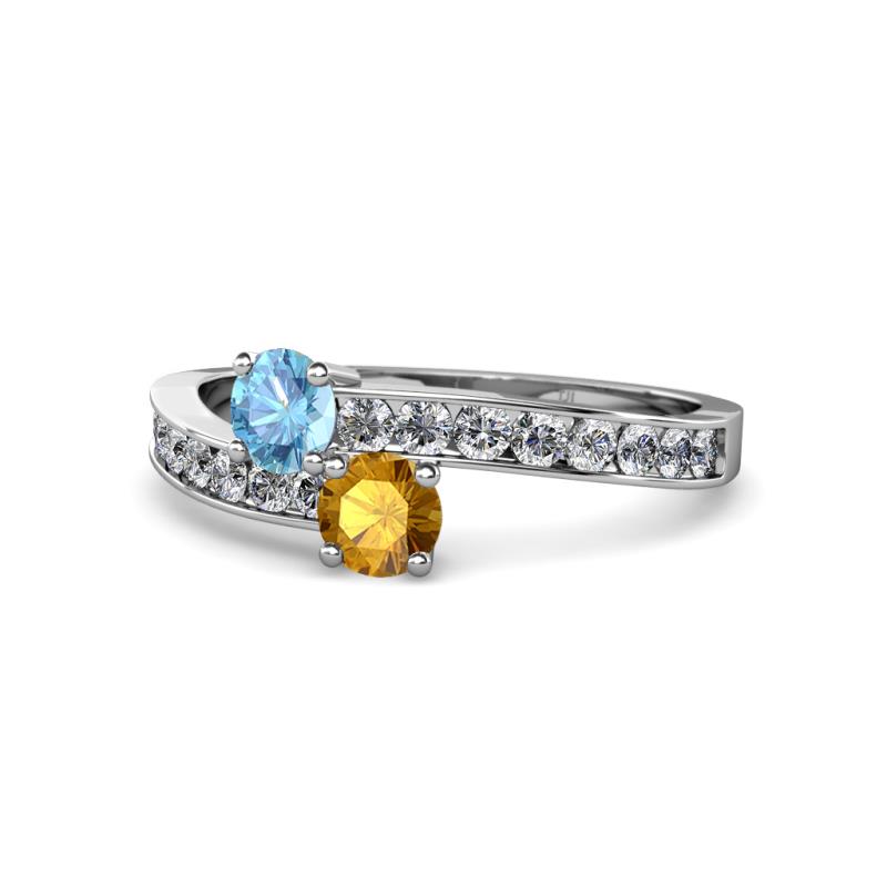 Olena Blue Topaz and Citrine with Side Diamonds Bypass Ring 